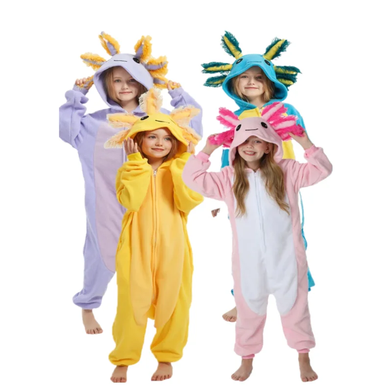 Kids Pink Newt Cute Cartoon Cosplay One Piece Pajamas Baby Animals Halloween Boys Girls Yellow axolotl Kigurumi Anime Pajamas Kids Pajamas