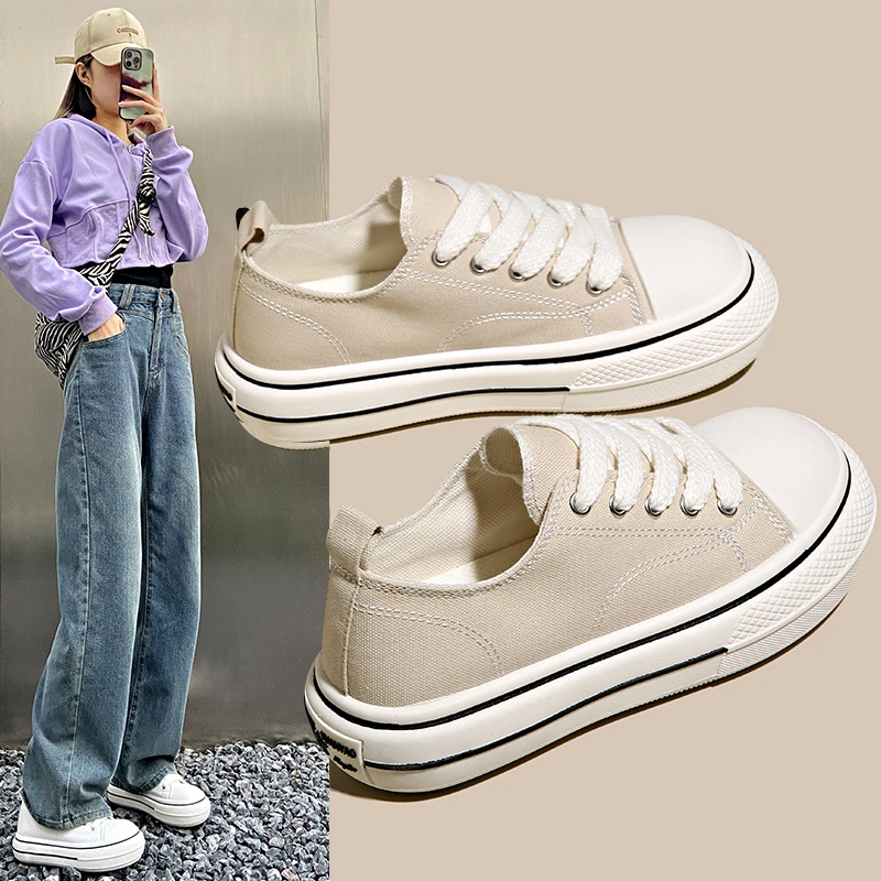 Canvas Shoes Women 2023 Spring New Thick Heel Board Shoes Retro All Match Casual Women Shoes