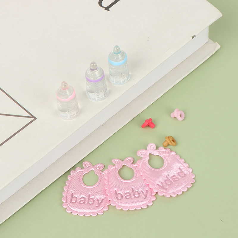 Dolls house miniature baby bottles pacifier bibs set nursery accessory 3PCS