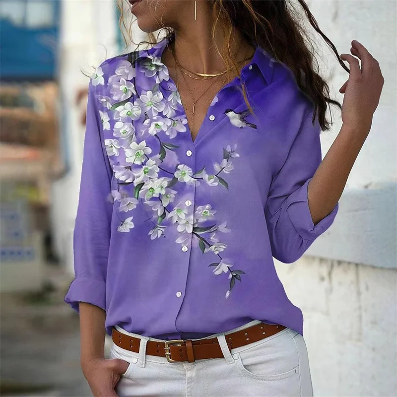 

Spring Autumn Single-breasted Cardigan Blouse Female Elegant Flower 3D Print Commuter Shirt Women Casual Slim Fit Lapel Tops 5XL