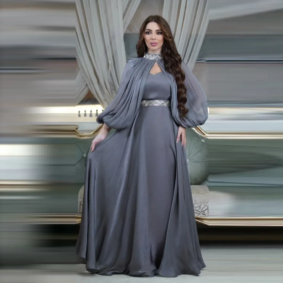 Silky Satin Party Dress for Muslim Women Abaya 2 Piece Set Dubai Puff Sleeve Arabic Islamic Evening Dresses Turkey Kaftan Robe