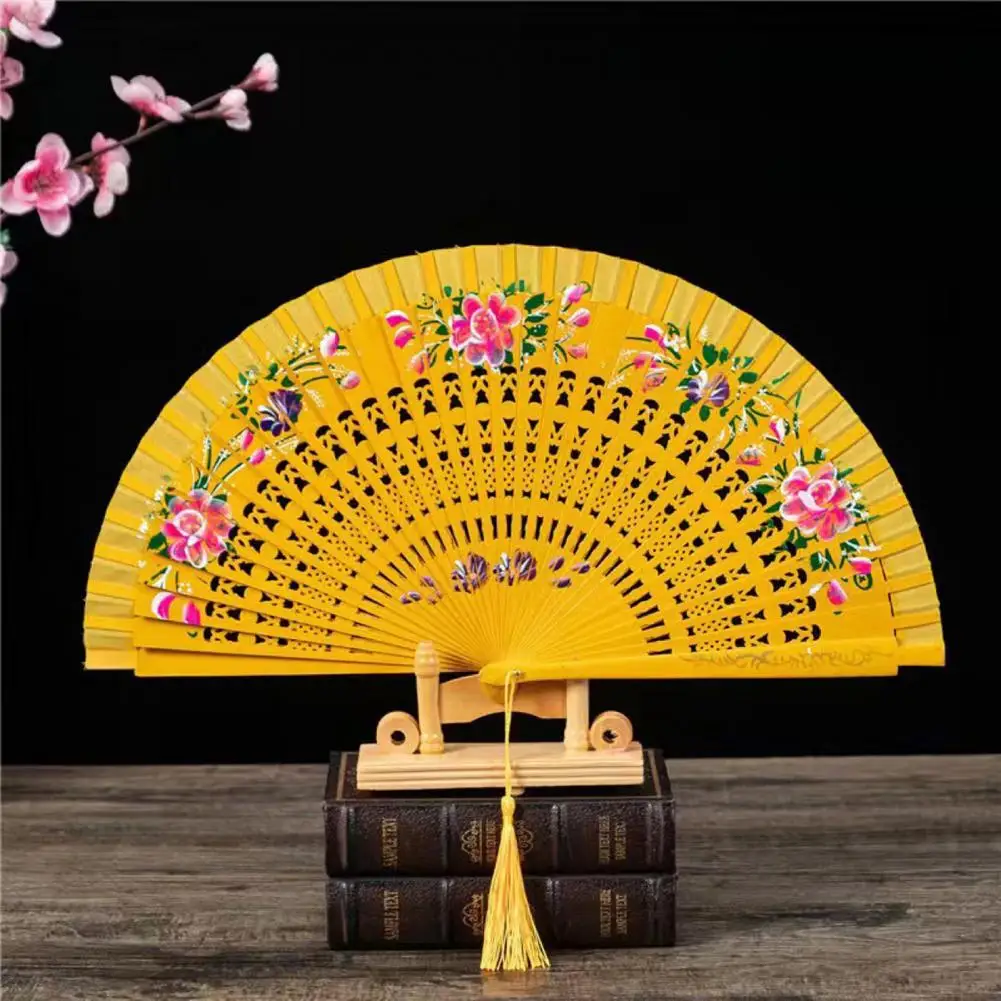 Folding Fan with Tassels Double Sided Flower Pattern Wooden Hollow Ribs Catwalks Props Women Summer Hand Held Fan