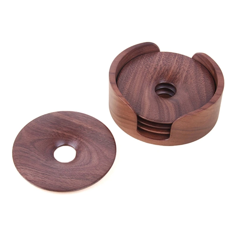 

4Pcs Natural Wooden Round with Holder Storage Rack Heat-Resistant Placemats Drinks Mat Tea Coffee Cup Pad