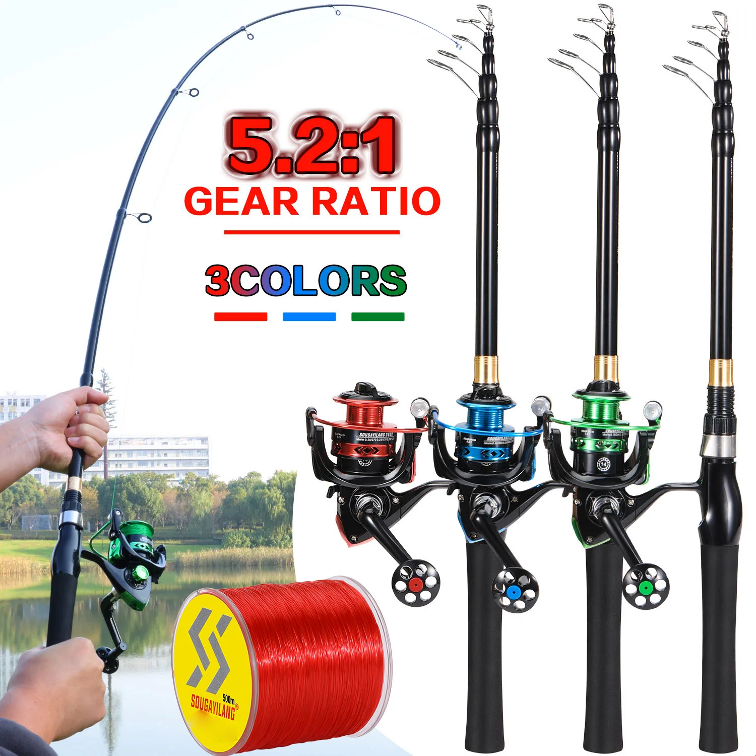 Sougayilang 1.8m 2.1m Spinning Fishing Rod Set Telescopic