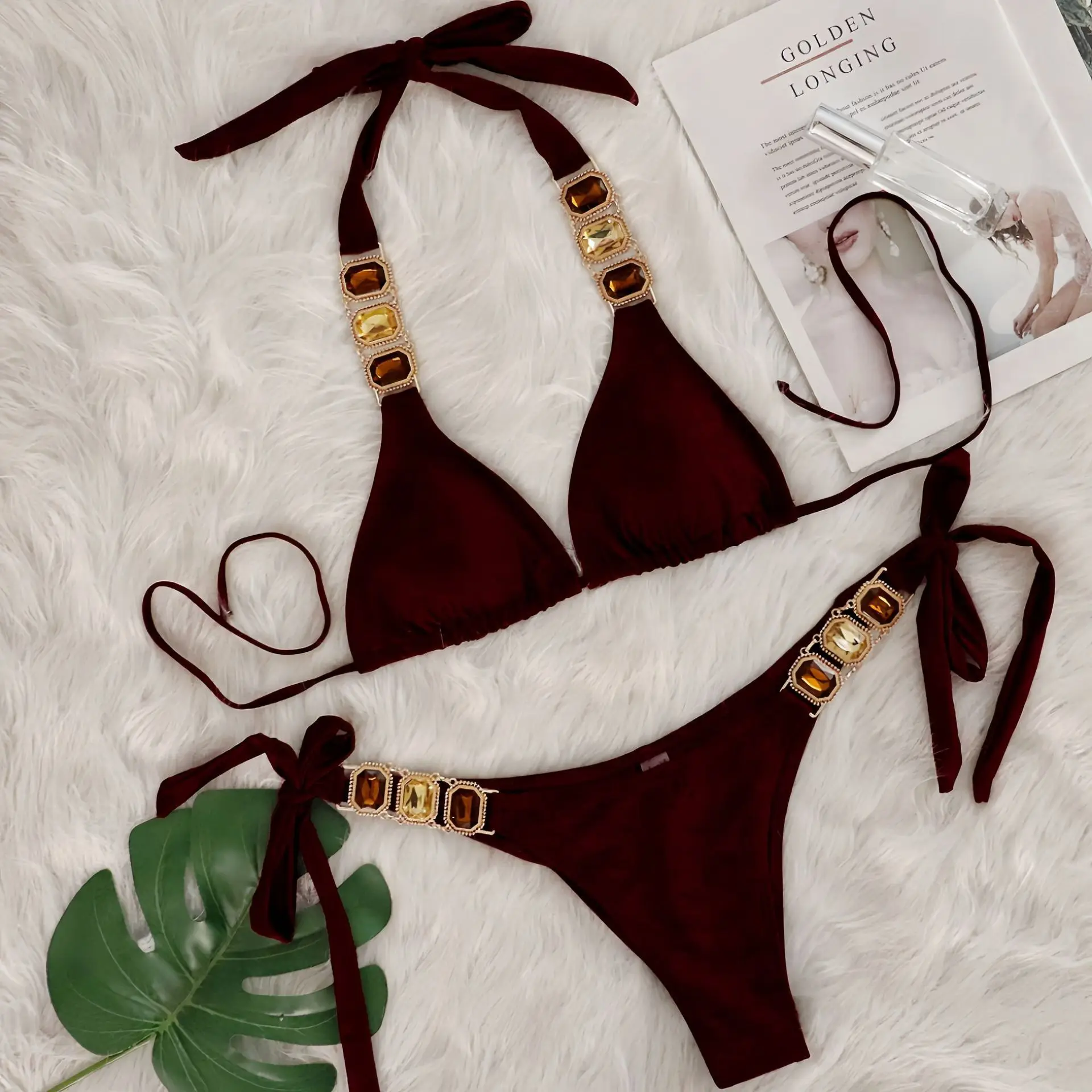 Rhinestone String Bikini - Womens Sexy 2 Piece Swimsuit for Beach Vacation