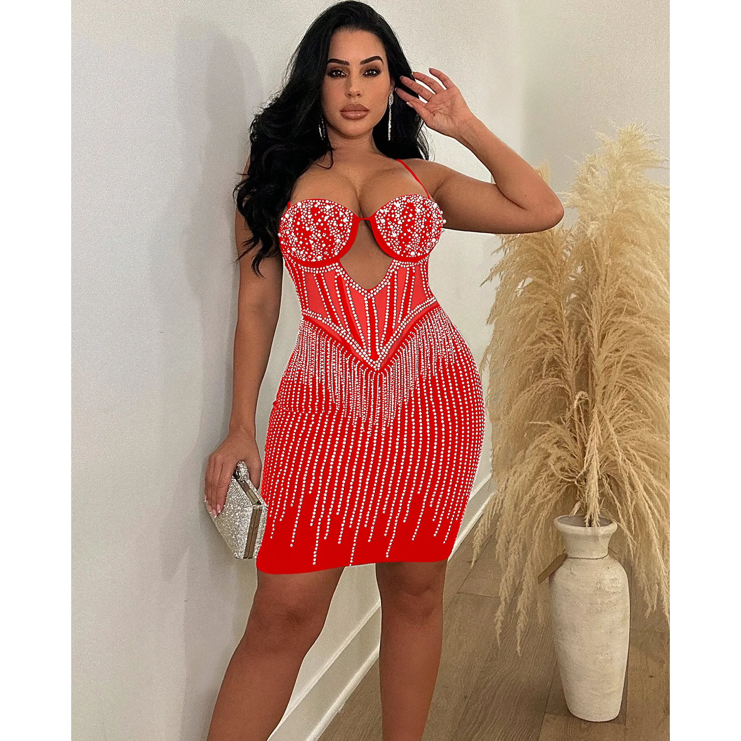

Zoctuo Women's Crystal Corset Red Cocktail Dress 2023 Mesh Sexy Hollow Out Bodycon Strap Short Dress Party Club Lady Vestidos