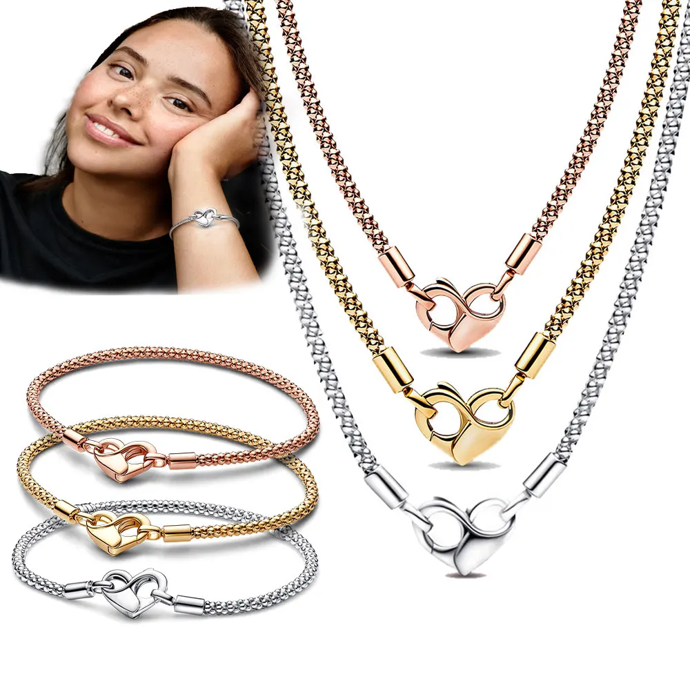 

925 Sterling Silver, Heart Lock Necklace, for Original Moments Bracelet, Luxury, Snake Chain, Lover Lady, DIY Jewelry, New, 2023