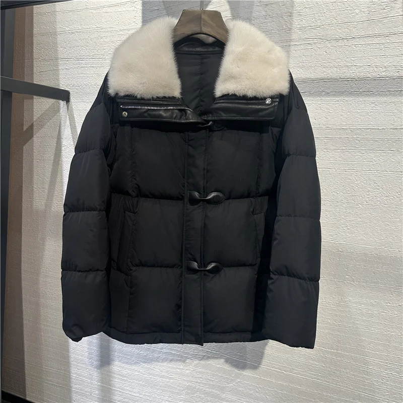 

Women's Winter Coat Outerwear Mink Fur Collar White Goose Down Jacket Silk Fabric Genuine Leather Buckle Short
