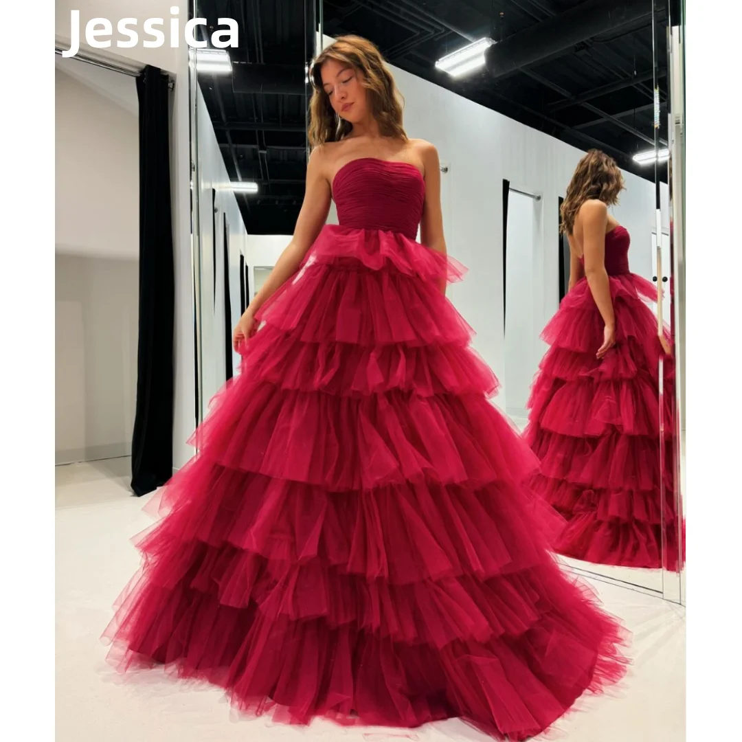 

Jessica Sexy Strapless Prom Dresses Red Tulle Layered 2024Vestidos De Noche Formal Occasions Graduation Wedding Party Dressese