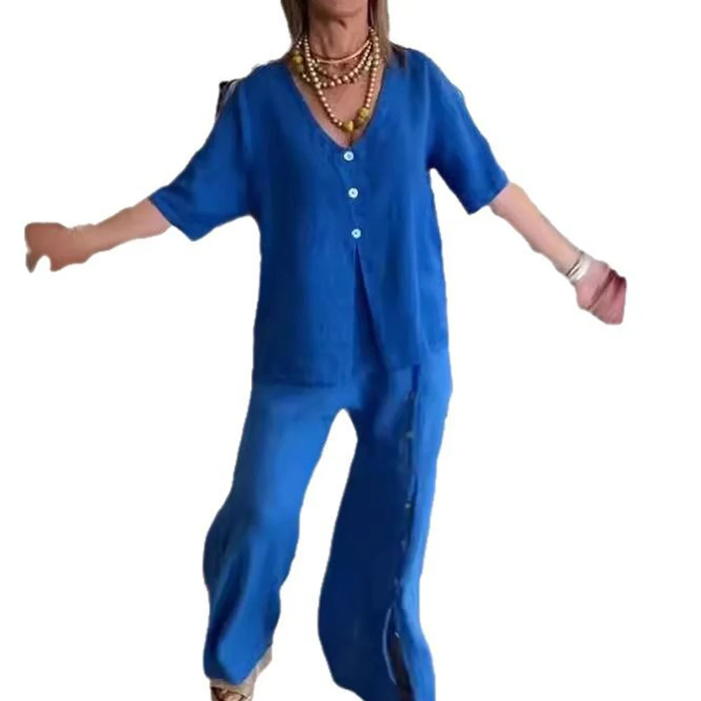 Women Two Piece V Neck Blouse and Wide Leg Pant Suits