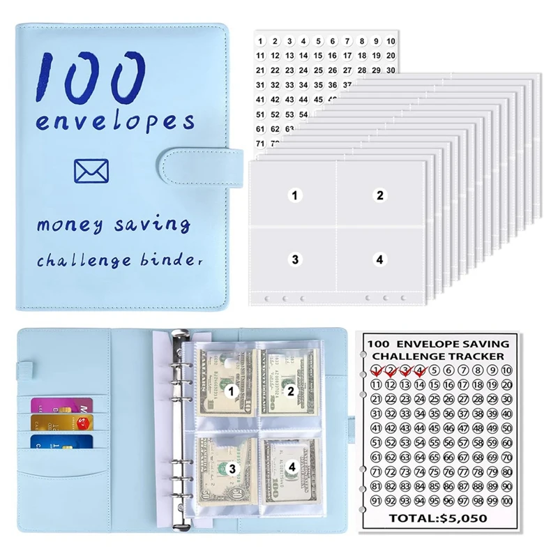 

100 конвертов, книга с изображением проблем со сбережением денег, книга с изображением бюджетных затрат, набор с изображениями для экономии наличных (синий), долговечный