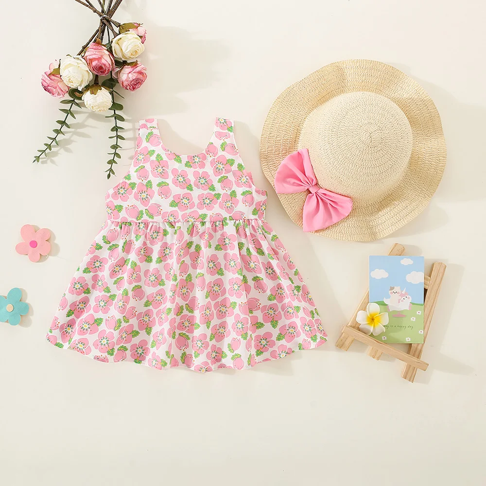 2Pcs/Set Summer children's dress with large bow at back peach blossom suspender chiffon girl's dress and straw hat Girls Dress Baby Girl Dress