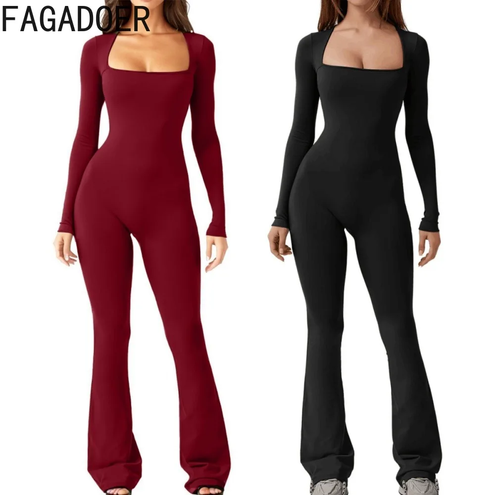 

FAGADOER Autumn Casual Solid Color Slim Sporty Jumpsuits Women Round Neck Long Sleeve Wide Leg Pants One Piece Playsuit Overalls
