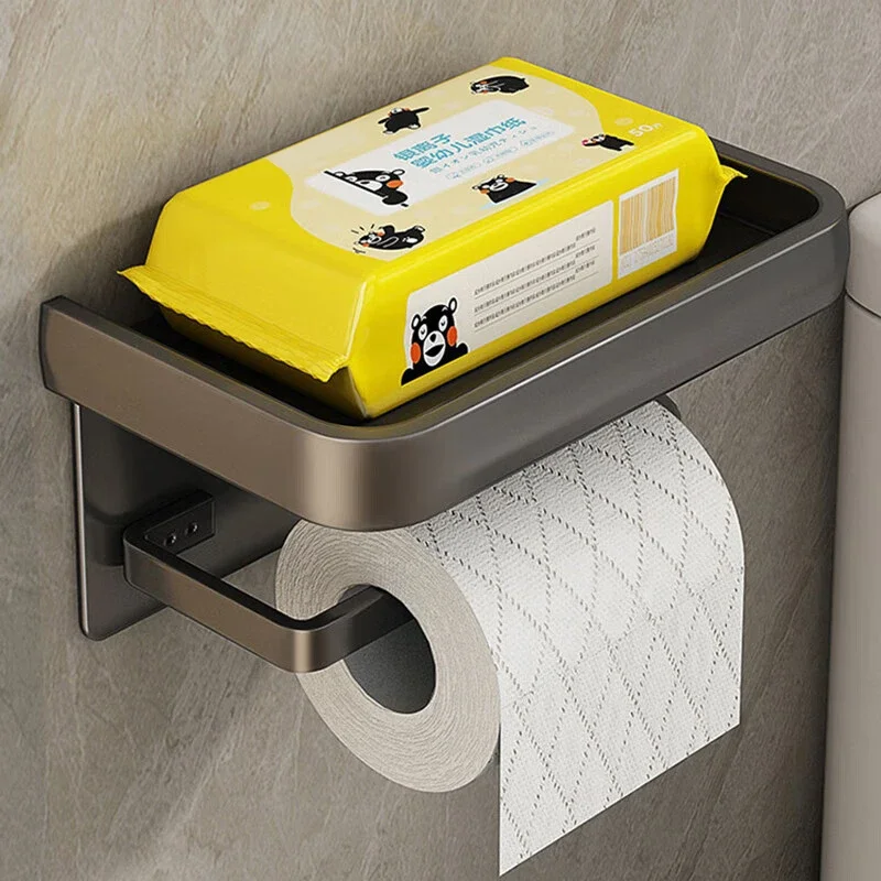 Aluminium Toilet Paper Holder Bathroom Double Tissue Holder Hole-free Shelf Bathroom Kitchen Accessories Black White Grey