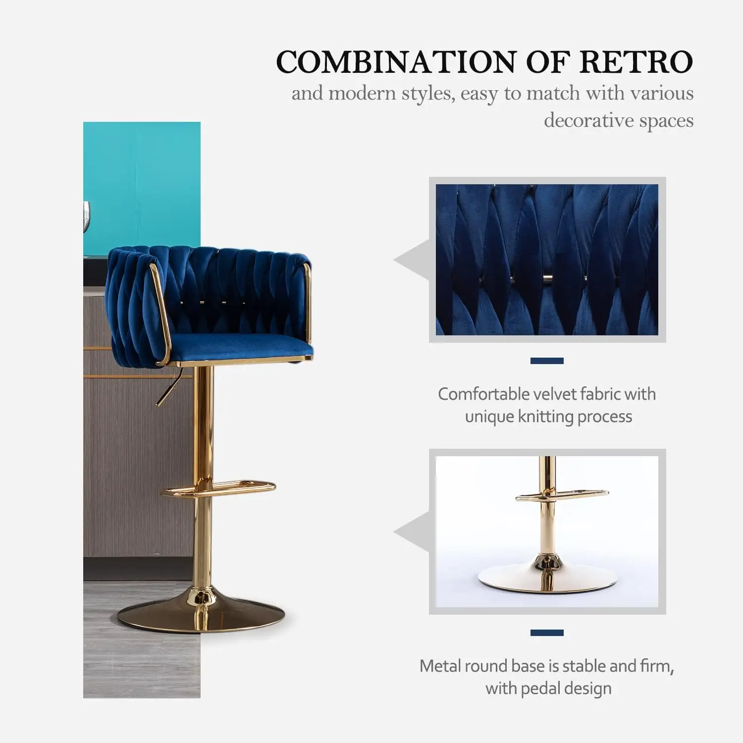 360&deg; Velvet Swivel Bar Stools Set of 4 Adjustable Counter Height Bar Chairs with Woven Back & Footrest Luxury Gold Stools
