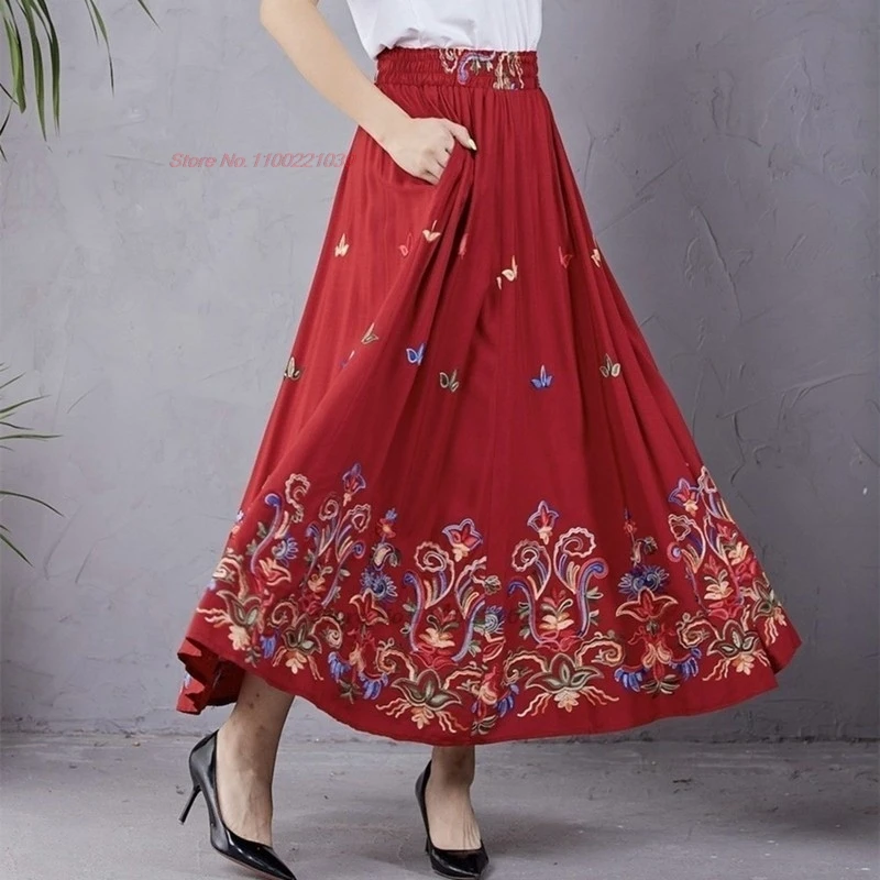 chinese vintage skirt national flower embroidery ethnic skirt retro elastic waist a-line traditional folk dance