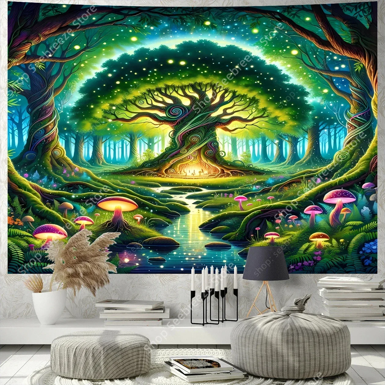 Trippy 사이키델릭 생명의 나무 벽걸이 방 장식, 미적 소원 나무, 대형 만다..