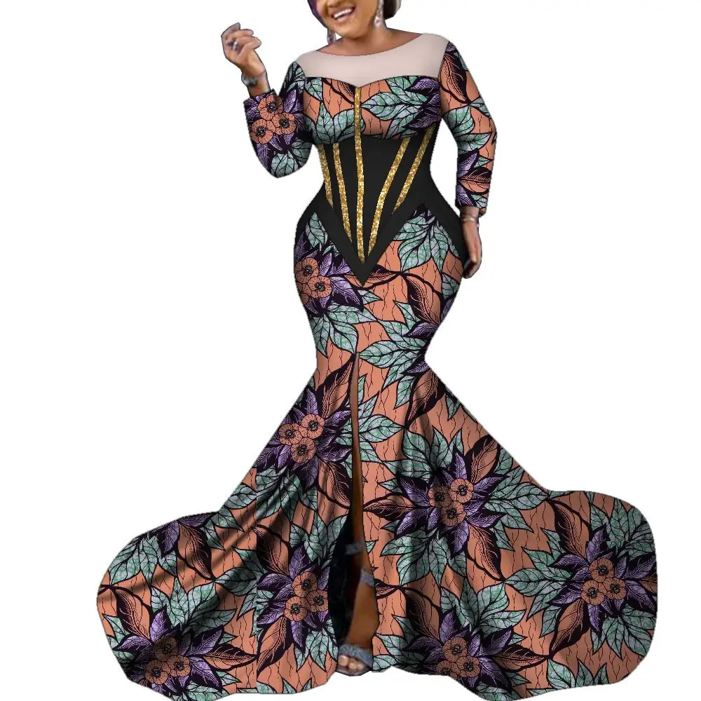 African Dress For Women Women's African Ankara Print Mermaid Dress - Maxi  Length With Flare Sleeves (Custom Sizes Available) African Print Maxi  Dresses