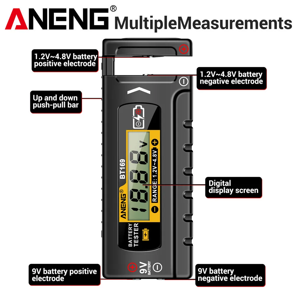 Battery Tester ANENG BT169 Digital Display Screen Multiple Measurements No Power Required Portable ABS Plastic