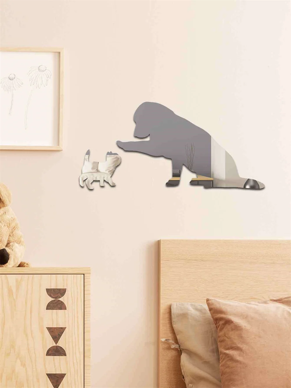 3D Mirror Wall Sticker Self-Adhesive Big Dog Little Cattle Art Mirror Decals DIY Background Living Room Decoration Wall Stickers