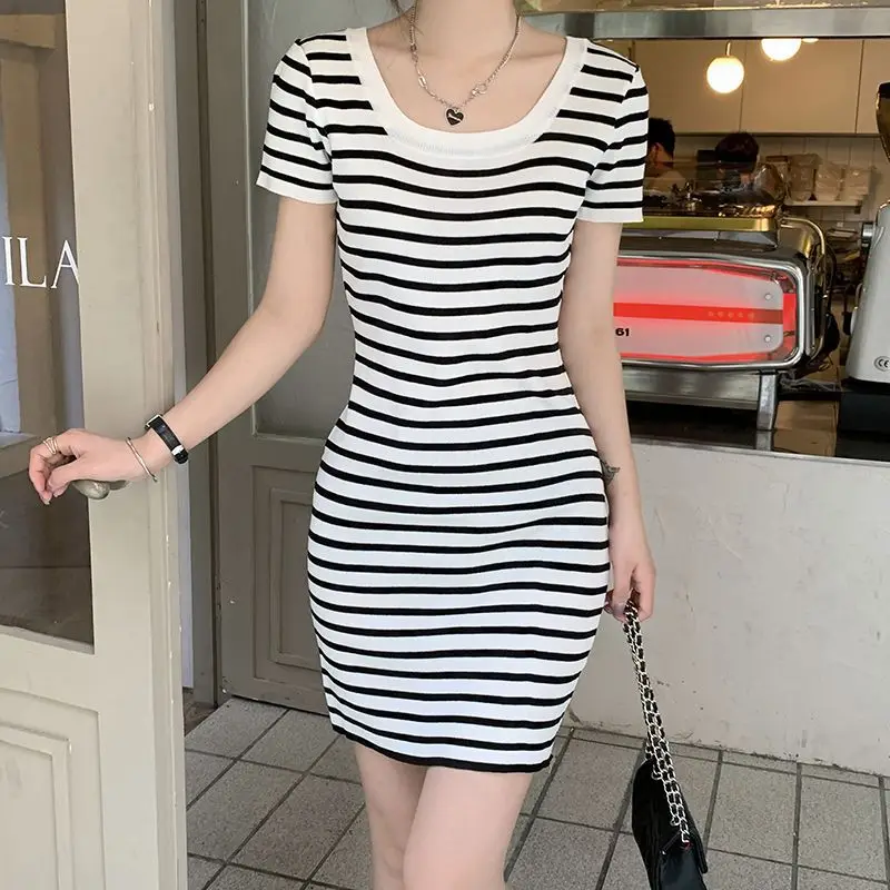 

Summer Women's Clothing New Small Slim-Fit Striped Knitted Dress Niche U-Collar Design Sheath Dress