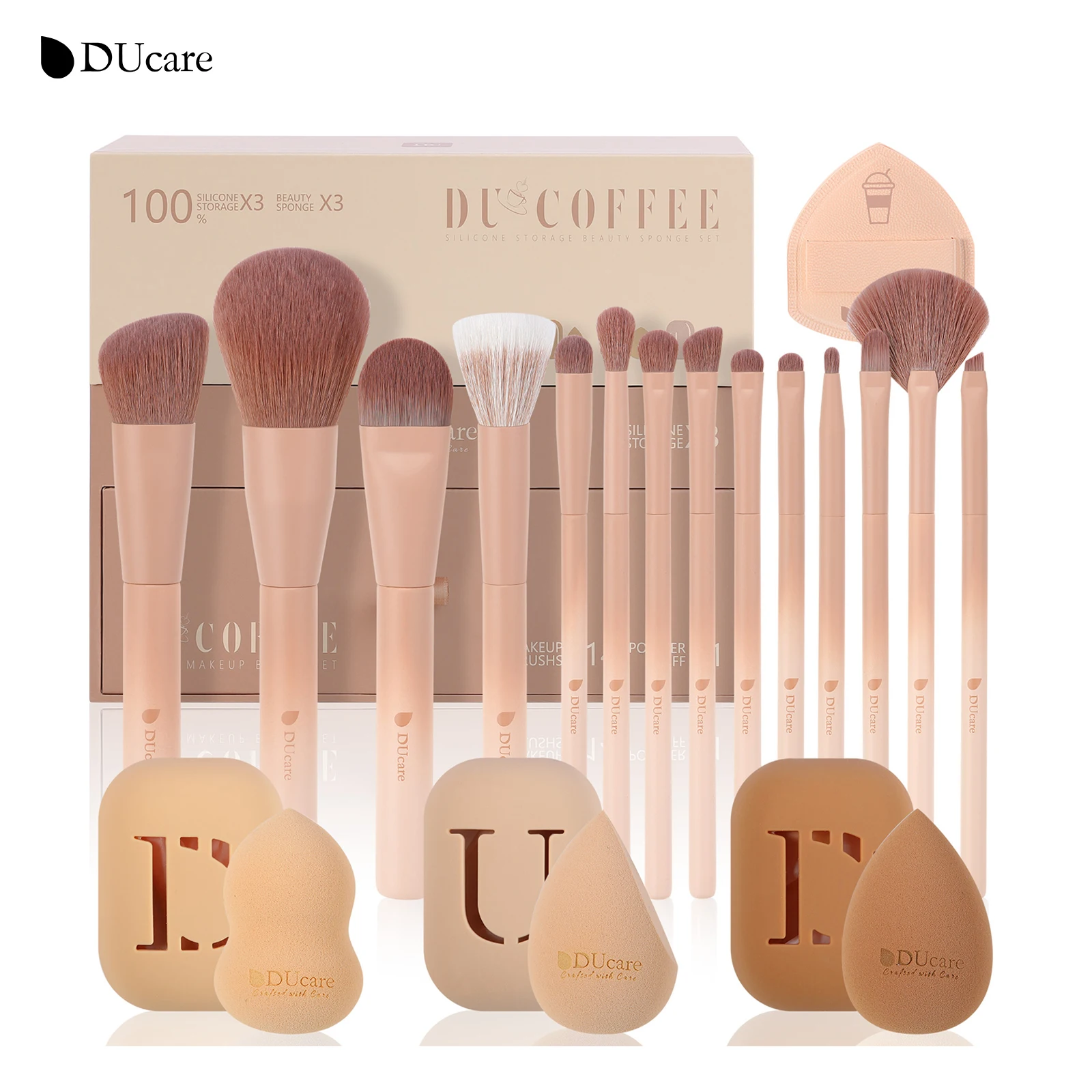 

DUcare COFFEE 14PCS Makeup Brush Set Professional Luxury Cosmetic Foundation Blush Eyeshadow Brushes With 3pcs Makeup Sponge