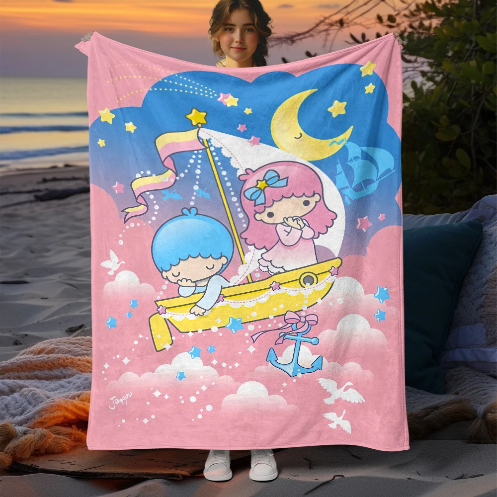 미니소 및 산리오 리틀 트윈 스타 프린트 플란넬 담요, 소파, 침실, 침대, 홈 오피스 낮잠 담요, 자동차 여행 피크닉 담요 선물