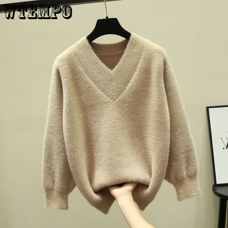 

WTEMPO Women's Long Sleeve Sweater V Neck Solid Color Loose Knitwear Soft Comfortable Warm Jumper Fall Winter Knitted Pullovers