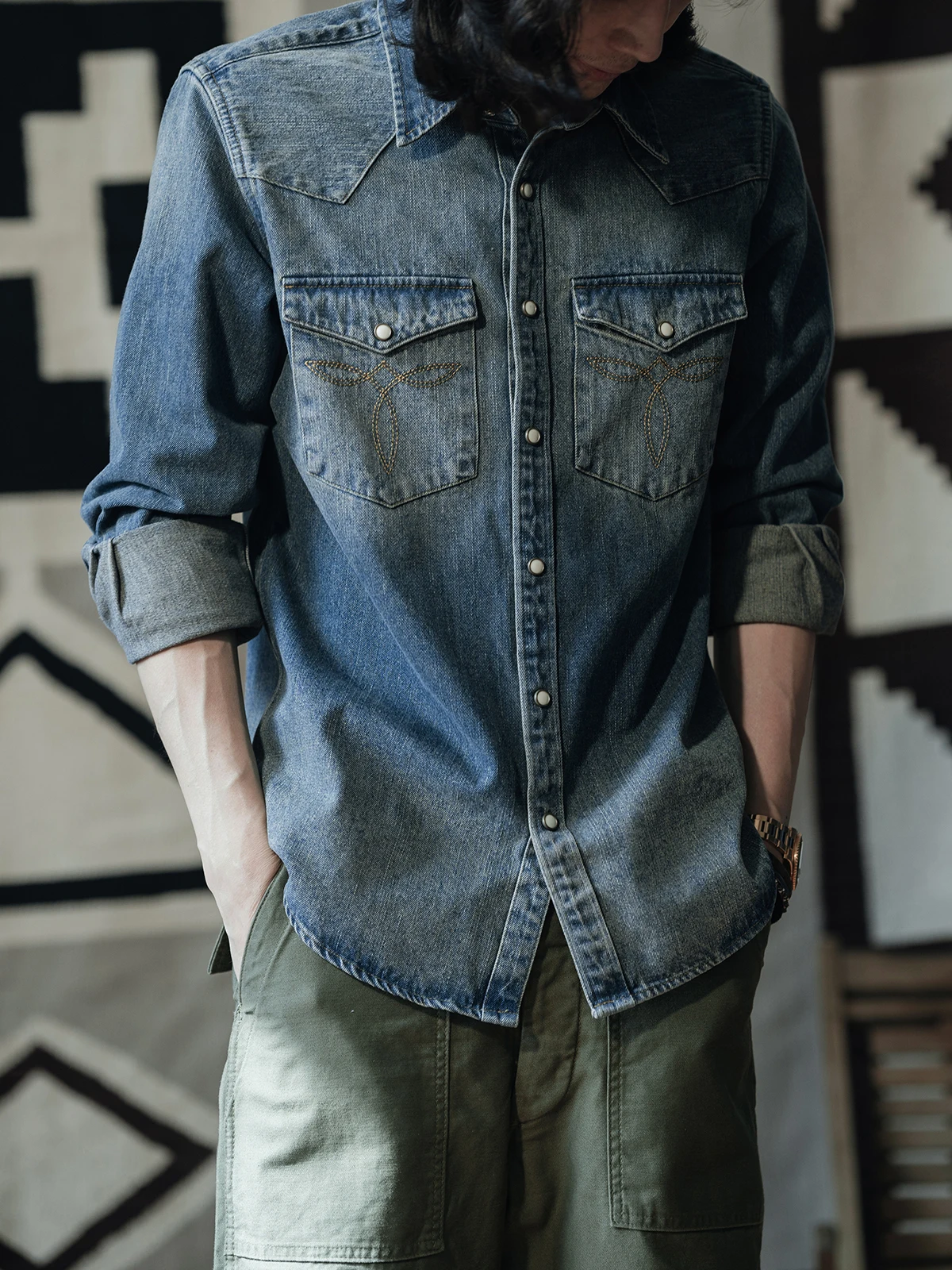 Non Stock Washed Denim Western Shirt 1950s Style Long Sleeve Horn Shirt For Men
