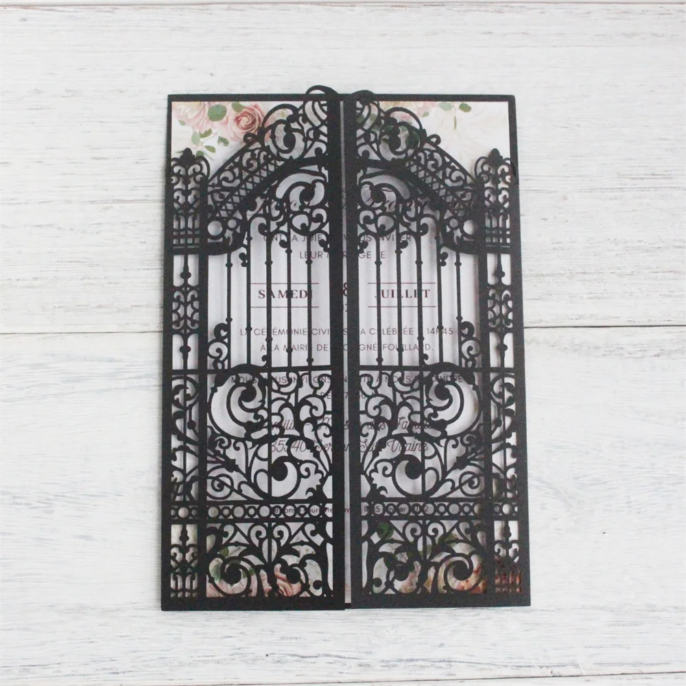 Metallic Gold Gate Laser Cut Wedding Invitation Cards 50 Sets Personalized Printing Marriage Celebrity Party Invites