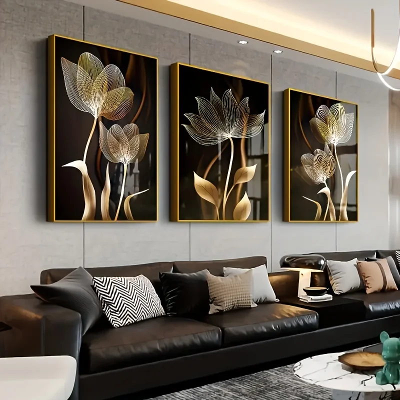 3pcs, Black and Golden Flower Wall Art Canvas Painting for Living Room Decor - Modern Abstract Design, No Frame Required 2