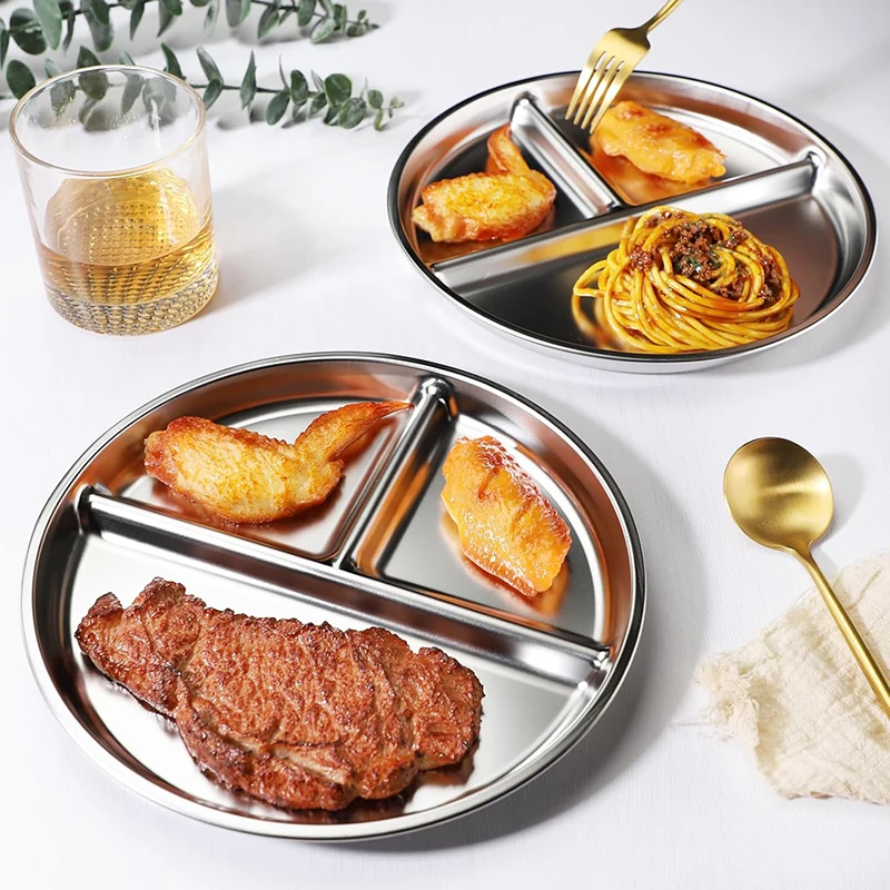 1/2/4Pcs 304 Stainless Steel Divided Plates, 3 Compartment Round Plate for Adults Toddlers Lunch Diet Dinner Camping Food Tray