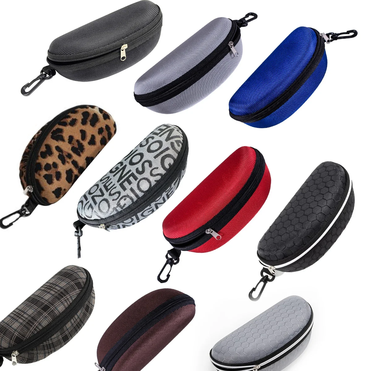 Sleek Black Hard Shell Polyester Glasses Case with Zipper and Hook – Unisex Fashion Accessory