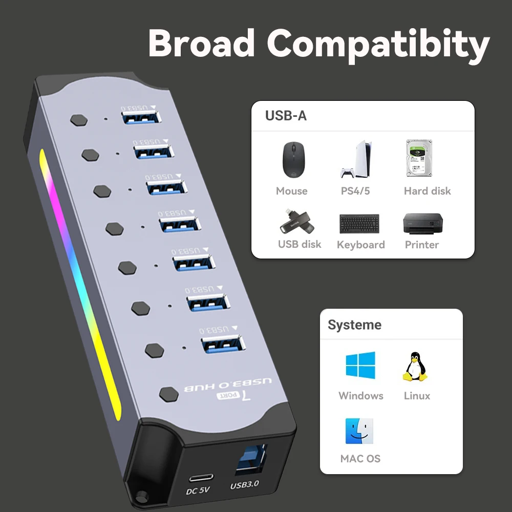 High Speed RGB 7 Ports USB 3.0 HUB Individual Switch 3.0 Adapter Multiport USB A Splitter Aluminum USB Hub For Computer Laptop 6