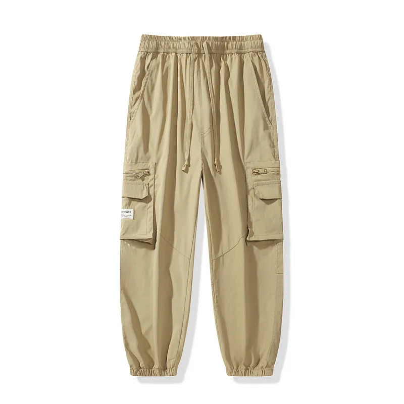 Spring and Autumn Men's Elastic High Waist Solid Color Drawstring Large Pocket Panel Tie Leg Straight Trousers Casual Pants