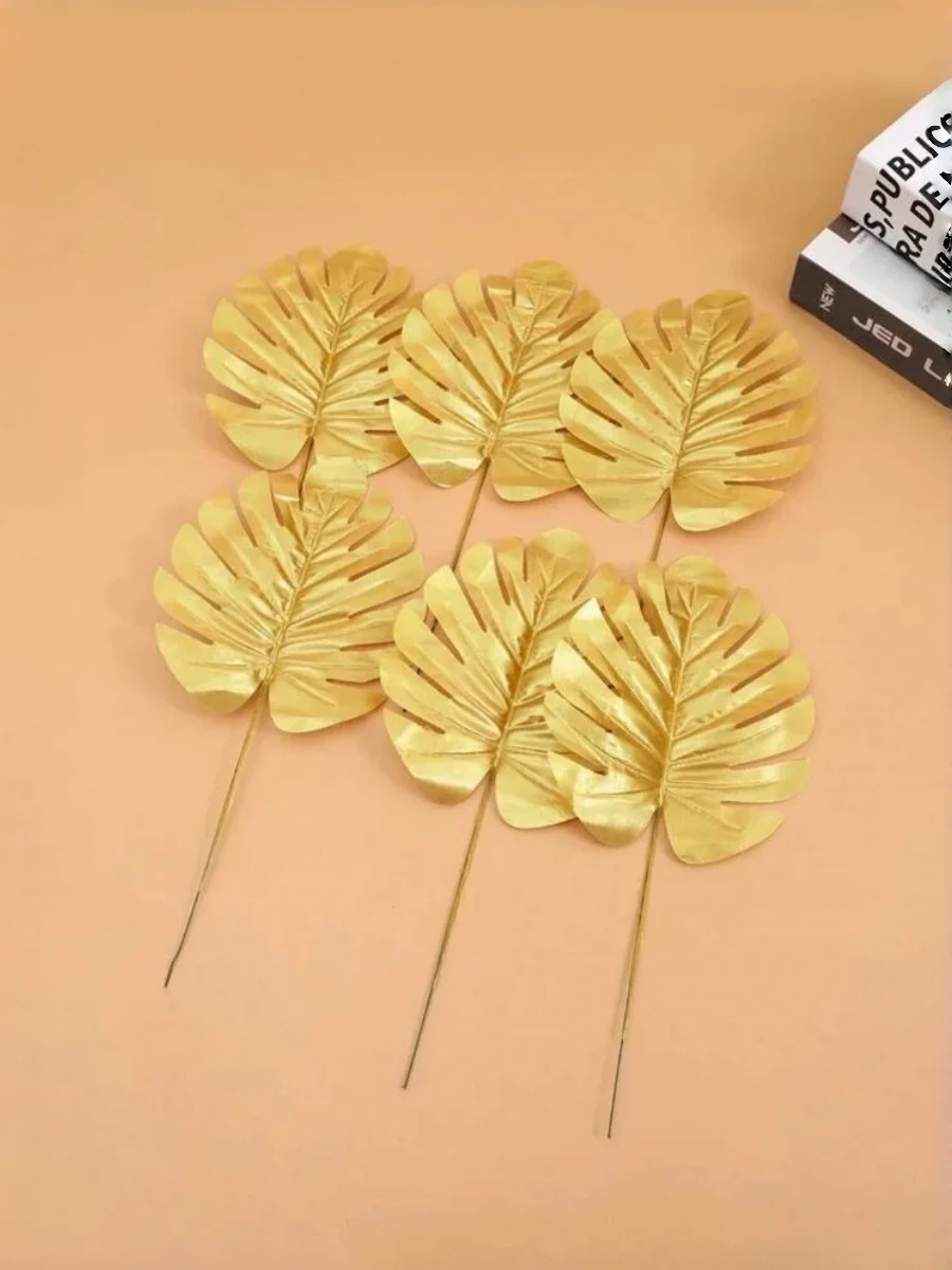 5/10 Stück goldene künstliche Monstera-Blätter – große tropische Schildkröten-Rückenblätter für hawaiianische Dschungel-Hochzeitsfeier-Dekorationen – Detail 3