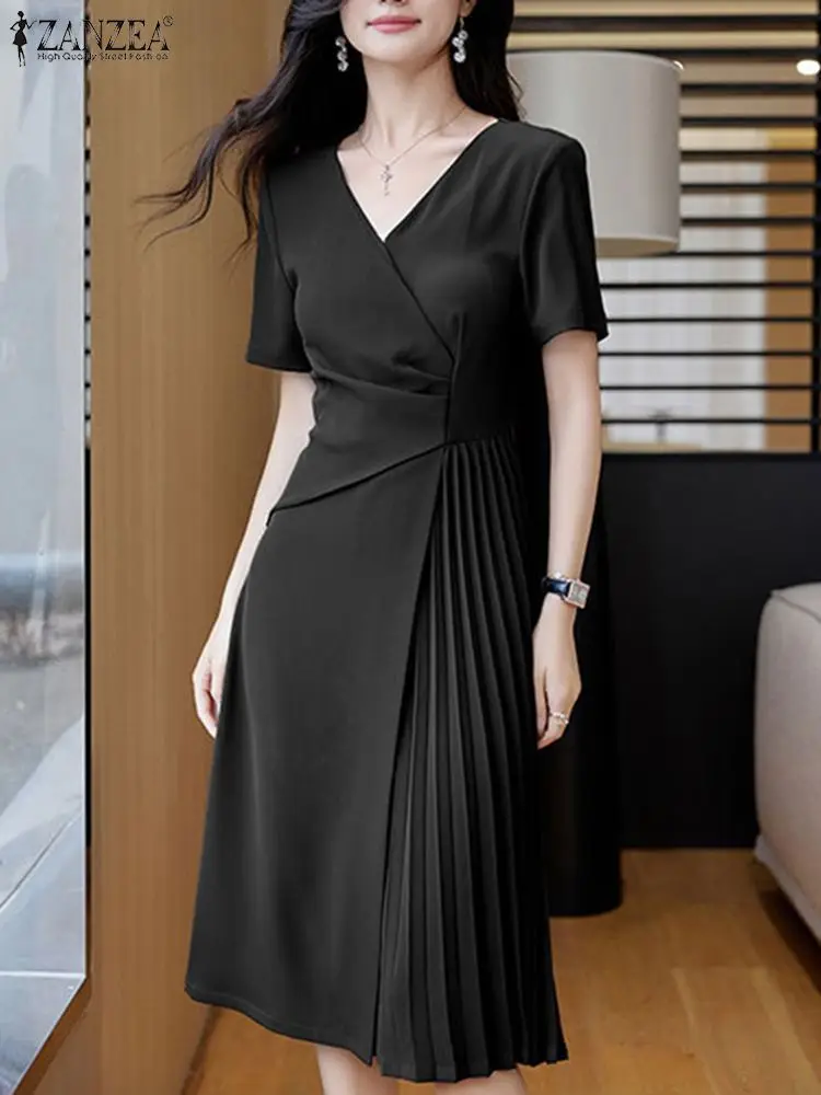 

2024 ZANZEA Women Elegant V Neck Short Sleeve Pleated Dress Summer Fashion OL Work Sundress Casual Solid Party Midi Vestido Robe