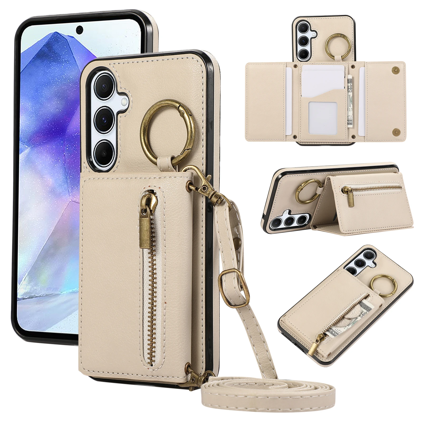 Elegant Leather Crossbody Wallet Case with Zipper and Card Slot