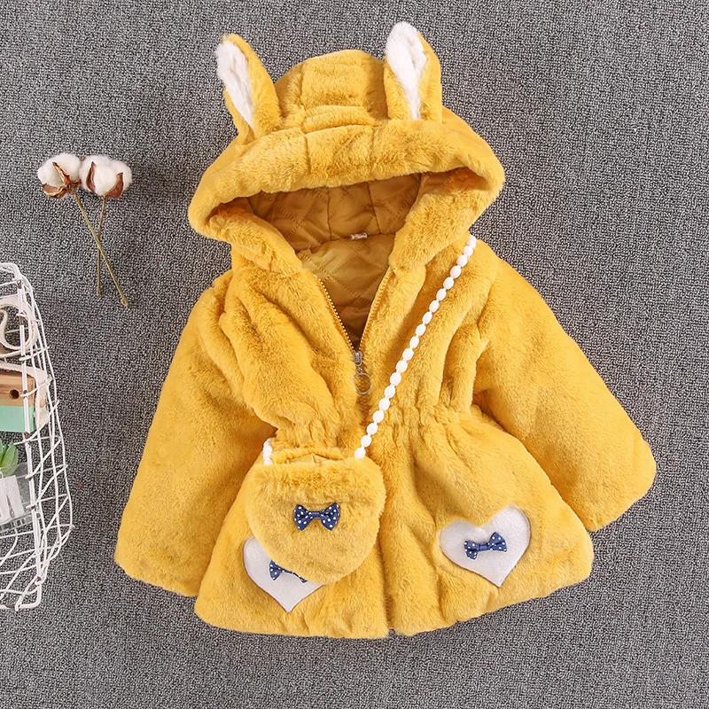 Children Clothing Autumn Winter Baby Girl Faux Fur Jacket Toddler Hooded Plush Thicken Coats with Bag Kids Cotton Outerwear