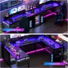 U Shaped Computer Gaming Desk, Reversible L Shaped Desk with Power Outlets, LED Strip & Monitor Stand, Large Corner Desk with S 4