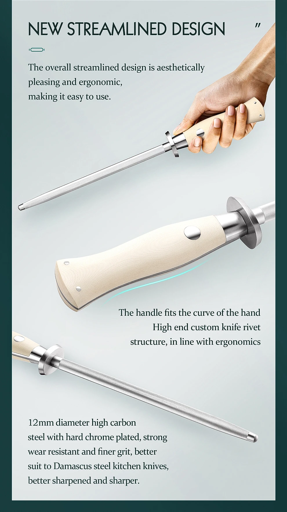 Description Picture 6 of itemHEZHEN Elegant Series Kitchen Knife Sharpener Rod High Carbon Steel Srayed Emery G10 Handle Kitchen Tools Gift Box