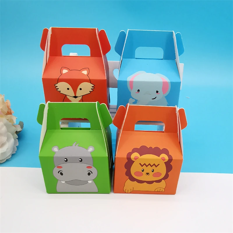 

Коробка для конфет для детского праздника, бумажная Подарочная коробка на день рождения с ручкой, коробка для Льва, лисы, слона, бегемота, животных, конфет и коробок для тортов