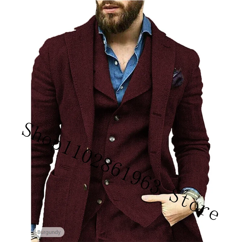 Men's Suit 3 Pieces Black Wool Herringbone Suits Formal Business Groomsmen Tweed Wedding Tuxedos Blazer+Pants+Vest Costume Homme
