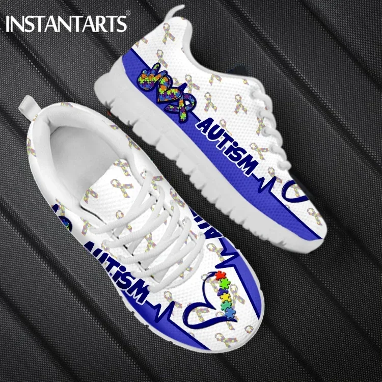 Autism Awareness Patterns Mesh Sneakers Fo Women Autumn Spring Lace Up Flat Shoes Female Casual Footwear Zapatillas