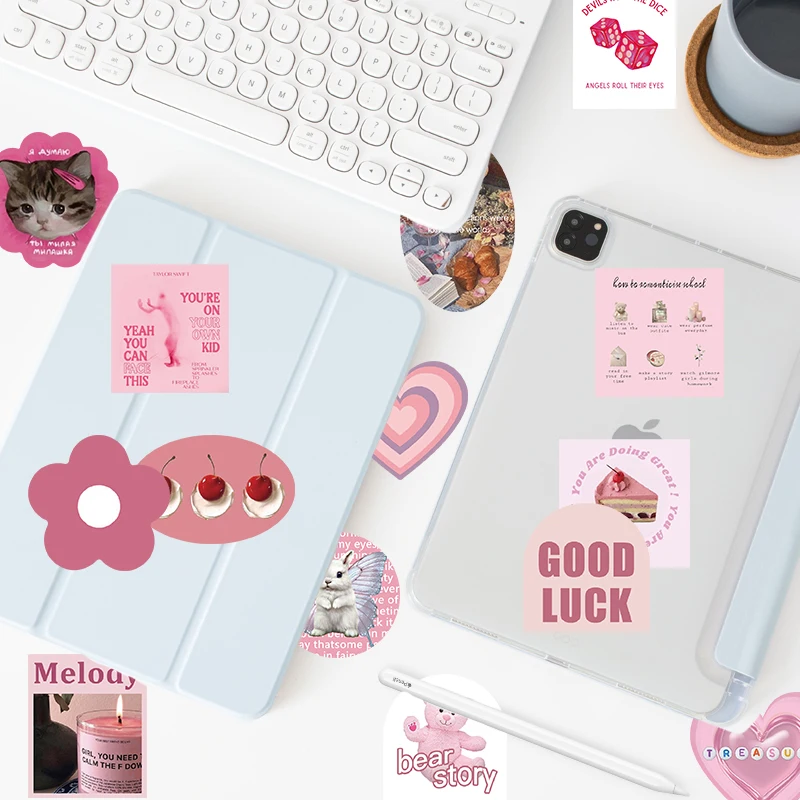 

10/56pcs Stickers Pink English Flowers Funny Cute Graffiti Skateboard Waterproof Suitcase Luggage DIY Laptop Car Stickers Decal