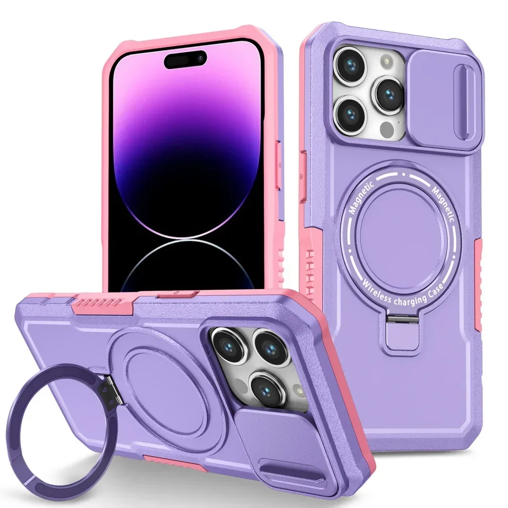 Luxury Metal Phone Case with 360° Built-in Bracket and Sliding Camera Protection