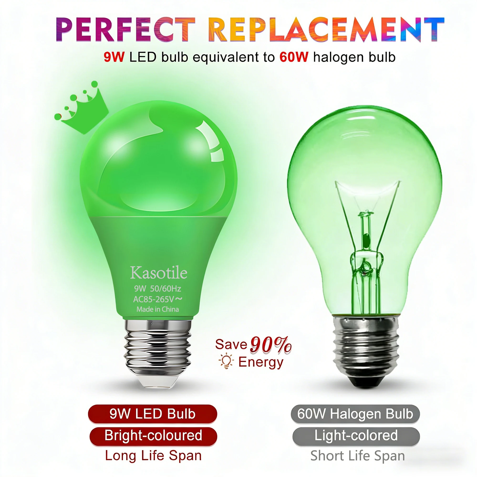 E26 Green LED Light Bulb 9W Colored Party Light – 2 Pack