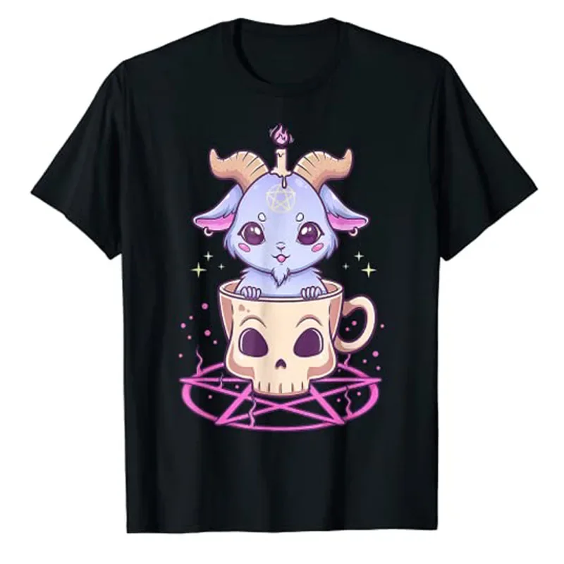

Kawaii Pastel Goth Cute Creepy Pentacle Baphomet Goat T-Shirt Anime Manga Lovers Graphic Tee Aesthetic Clothes Halloween Costume