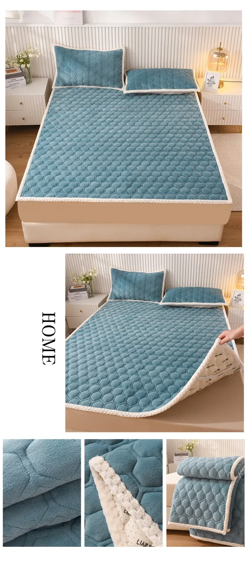 Description Picture 5 of itemThick Fleece Mattress Pad Warm Coral Fleece Bed Blanket Pads for Winter Solid Color Mattress Protector Cover for Double Beds