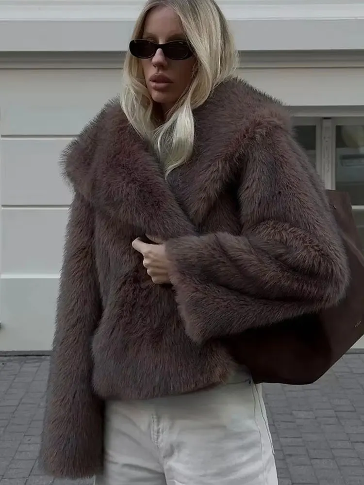 HH Women Elegant Faux Fur Coat Warm Fluffy Loose Long Sleeve Lapel Jacket Autumn Winter Fashion High Street Lady Outerwear